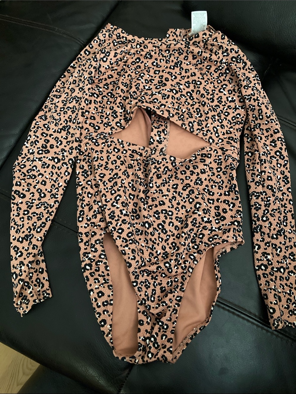 art class Girls' Long-Sleeve Leopard Print One-Piece Swimsuit - Tan/Black